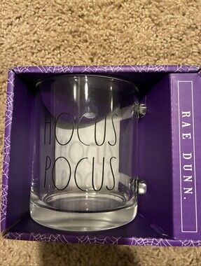 NIB Rae Dunn Clear Glass 'Hocus Pocus' Mug with Black Lettering